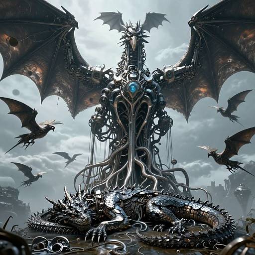 Digital fantasy artwork of a towering, dark, mechanical dragon with wings, surrounded by smaller dragons, under a cloudy sky. Central dragon has blue gem and