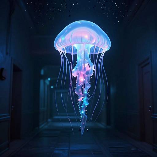 Photograph of a glowing blue and purple jellyfish floating in a dark, dimly lit hallway, with star-like particles surrounding it.