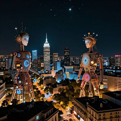 Photograph of a nighttime cityscape with two illuminated, giant, robotic statues with glowing blue eyes and circular patterns, standing over a bustling urban area with