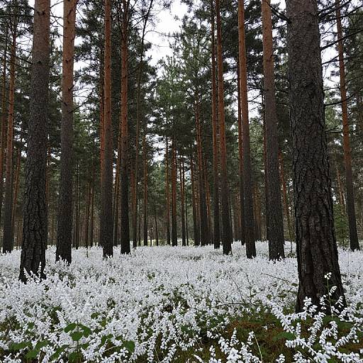 Photograph of a dense pine forest with tall, slender trees standing amidst a carpet of white, blooming wildflowers on the forest floor.
