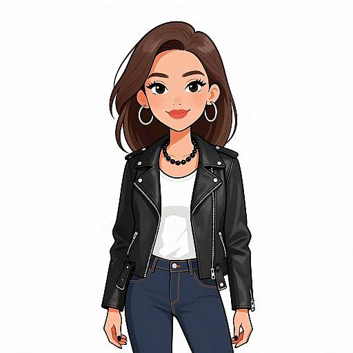 Digital illustration of a young woman with light skin, brown hair, red lipstick, wearing a black leather jacket, white shirt, black pants, hoop earrings