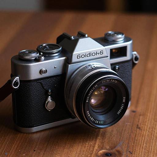 Photograph of a vintage, silver and black Golidoh-5 camera with textured grip, detailed lens, and multiple controls on a wooden surface.