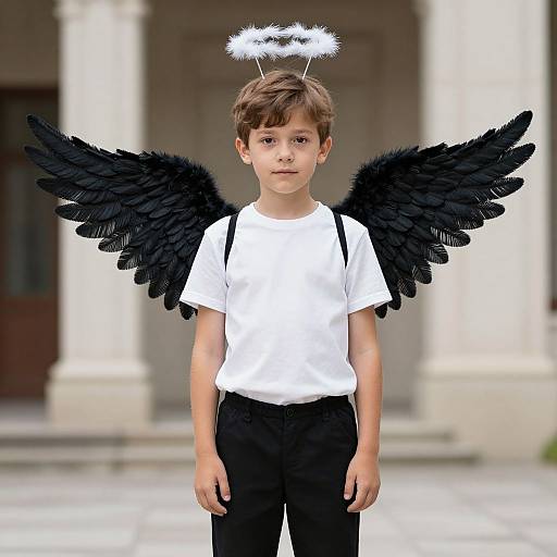Photograph of a young boy with brown hair, white shirt, black pants, black angel wings, and a halo, standing in front of a blurred
