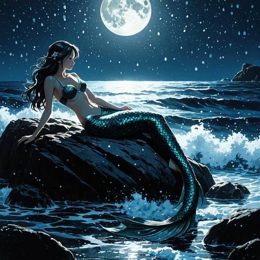 Elegant Mermaid Resting on Moonlit Rock Elegant Mermaid Resting on Moonlit Rock
