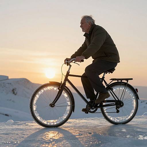 Elderly Man Cycling Uphill in Melting Ice