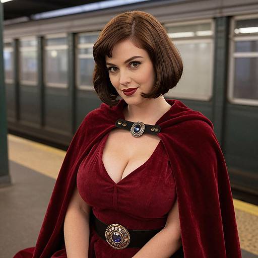 Photorealistic CGI of a fair-skinned woman with short brown hair, wearing a deep burgundy velvet cloak with a low neckline, black belt,