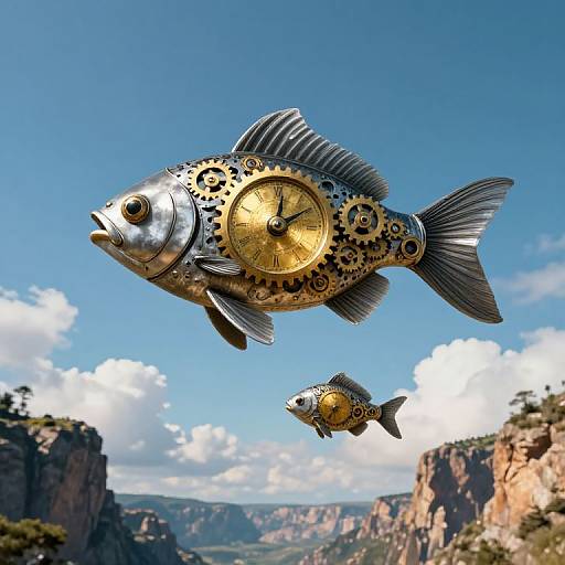 Clockwork Fish Soaring in Sky