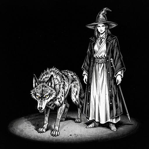 Black-and-white digital drawing of a witch in long robe and hat standing beside a fierce, snarling werewolf on a spotlighted stage.