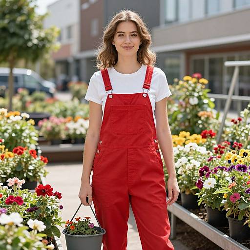 Photograph of a young white woman with wavy brown hair, wearing red overalls and a white t-shirt, standing in a sunny flower nursery,