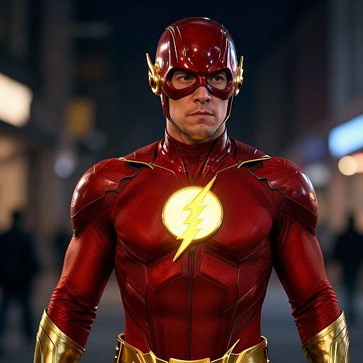 Photorealistic CGI of The Flash, a muscular man in a red, shiny superhero suit with a lightning bolt emblem, standing in a dark, blurred