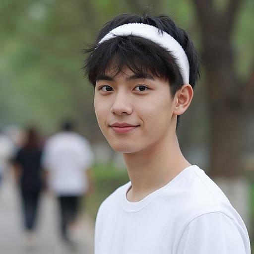 Photograph of an Asian teenage boy with black hair, wearing a white headband and shirt, smiling softly outdoors, blurred background.