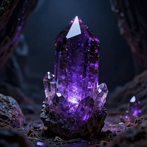 Photograph of a glowing, purple crystal cluster with sharp edges, emitting vibrant light, set on a dark, rocky background.