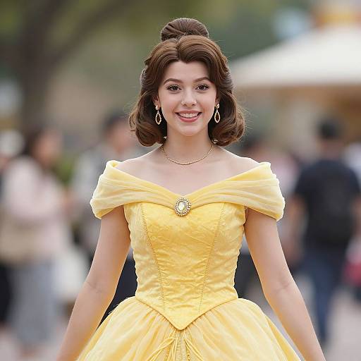 Photograph of a smiling woman with brown hair in an updo, wearing an off-shoulder, yellow, princess-style dress, standing outdoors with