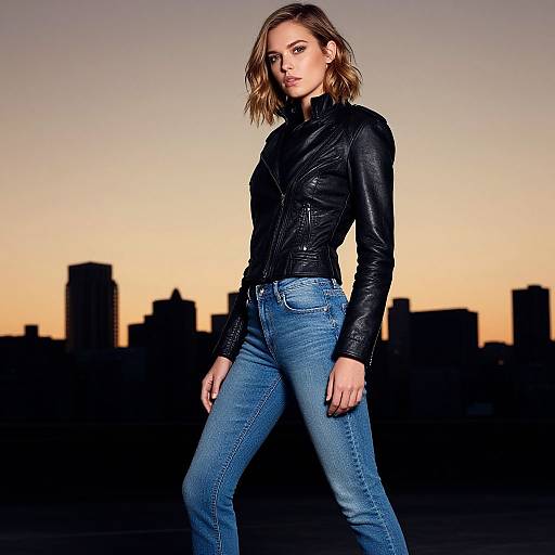 Photograph of a confident woman with shoulder-length brown hair, wearing a black leather jacket and blue jeans, standing against a sunset city skyline.