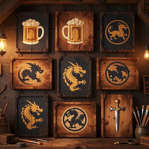 Photograph of wooden wall displaying nine illuminated beer mugs and dragon emblems, with a sword and tools on a rustic bar counter below. Warm,