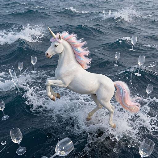Photograph of a white unicorn with a pink and blue mane, rearing on a dark blue, wavy ocean, surrounded by floating wine glasses.
