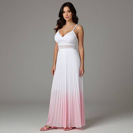 Photograph of a curvy woman with long black hair wearing a white-to-pink gradient, sleeveless maxi dress and pink sandals, standing against a