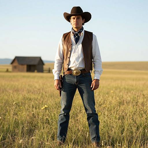 Photograph of a young man in a cowboy hat, white shirt, brown vest, and blue jeans, standing in a sunlit grassy field with