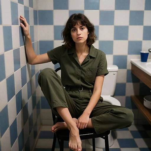 Woman in Olive Green Jumpsuit in Bathroom