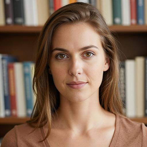 Photograph of a young woman with light brown hair, fair skin, and brown eyes, wearing a brown top, standing in front of a blurred book