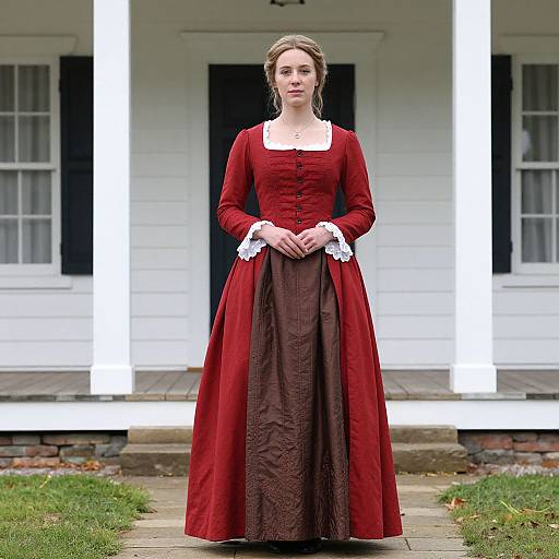 Photograph of a young woman with light brown hair in a red 19th-century dress with white lace, standing in front of a white house with