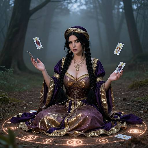 Photorealistic digital artwork of a dark-haired woman in a purple and gold wizard dress, sitting in a foggy forest, levitating cards with magic