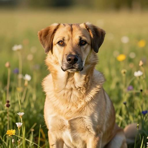 Photograph of a golden retriever with a fluffy coat, sitting in a sunlit meadow filled with colorful wildflowers, looking directly at the camera