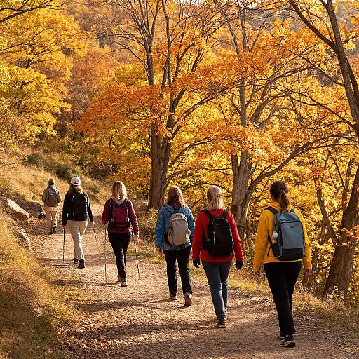 Photograph of six hikers in autumn forest, wearing jackets and backpacks, walking on sunlit, leaf-covered trail with vibrant orange foliage.