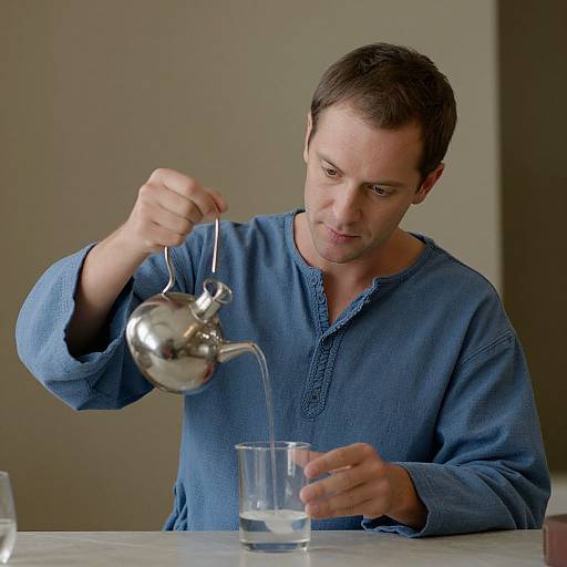 Photograph of a focused man in a blue long-sleeve shirt pouring water from a silver teapot into a clear glass at a marble countertop