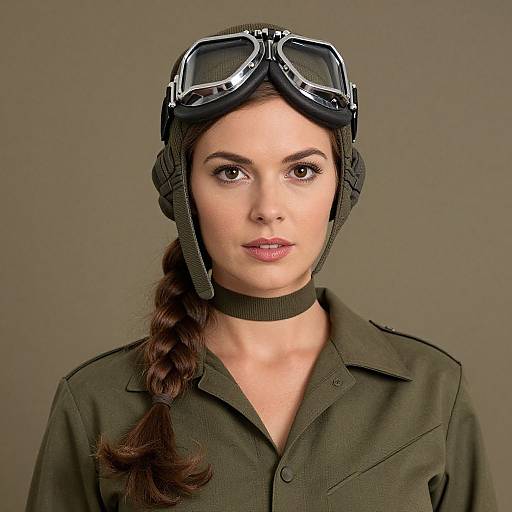 Photograph of a fair-skinned woman with brown eyes, braided hair, wearing aviator goggles, a green military-style shirt, and a black