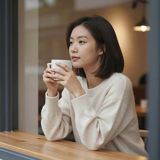 Asian Woman Drinking Coffee at Café Window