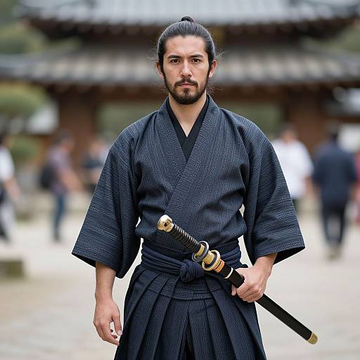 Photograph of a serious, bearded Asian man with black hair in a topknot, wearing a black kimono and holding a katana,