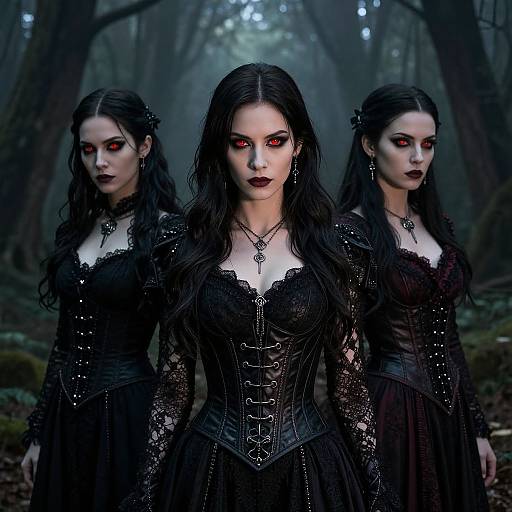 Photorealistic digital artwork of three pale, dark-haired women with red eyes, wearing black lace corsets and dresses, standing in a misty forest