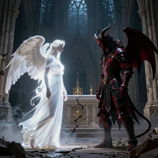 Digital artwork: Glowing white angel with wings confronts dark red demon with horns and wings in a gothic cathedral with cracked floor.