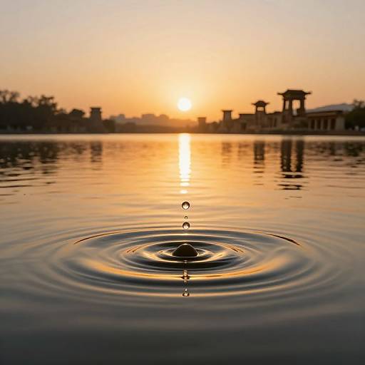 Photograph of a sunset over a calm lake, with ripples forming a single water droplet falling from a central splash. Silhouetted buildings