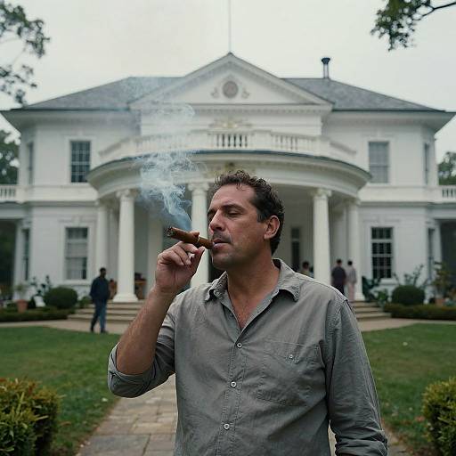 Photograph of a muscular man with short dark hair, wearing a gray button-up shirt, smoking a cigar in front of a grand white colonial-style mansion