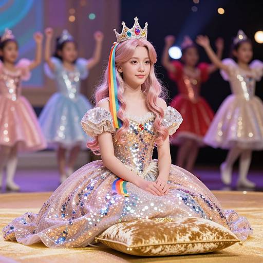 Photograph of a young Asian girl with pink hair, wearing a sparkling silver tiara and dress, kneeling on a gold pillow, surrounded by dancing ball