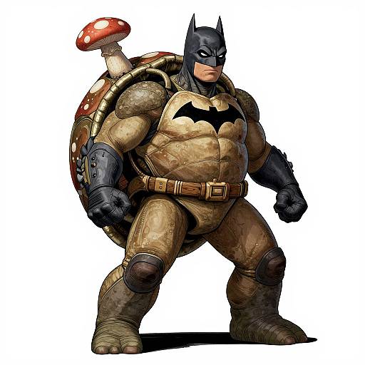 Digital illustration of a muscular Batman character with a turtle shell, wearing brown armor, black bat ears, and a mushroom on his back. White background.