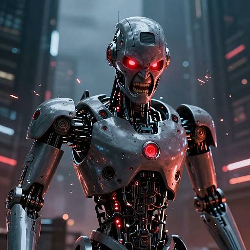 CGI image of a menacing, glowing-red-eyed, metallic robot with exposed joints and red lights in a dark, futuristic cityscape.