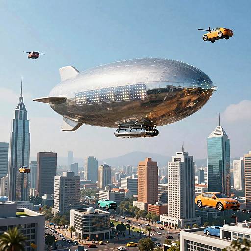 Futuristic Blimp Over Metropolis