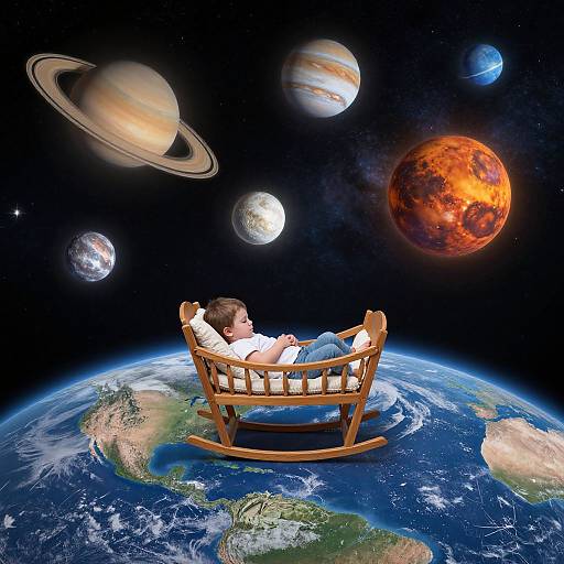 Photograph-like CGI: Baby in wooden rocking cradle, floating above Earth, surrounded by colorful planets, Saturn with rings, in starry space.