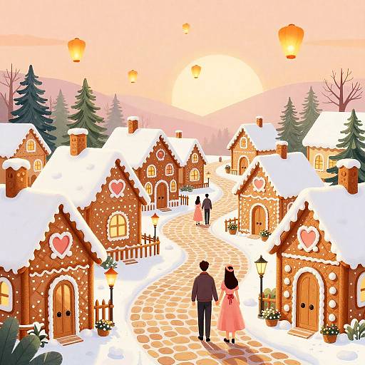 Digital illustration of a snowy village at sunset with gingerbread houses, heart decorations, lanterns, two people walking, and floating paper lanterns.