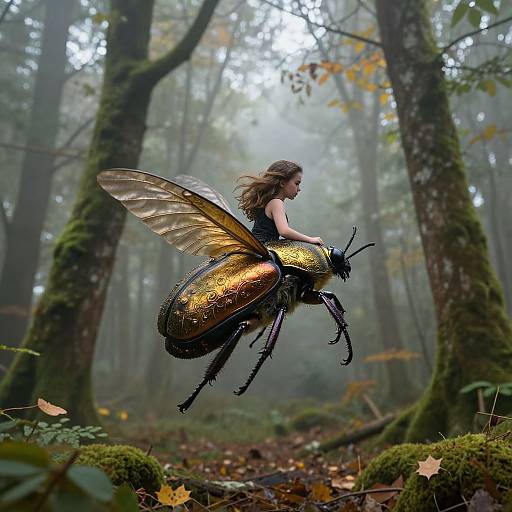 Photograph of a fairy with golden, iridescent wings, riding a black, insect-like creature in a misty, moss-covered forest.