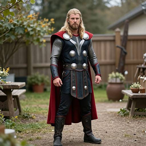 Photograph of a tall, blond Viking warrior with a beard, wearing a black and silver armor suit with red cape, standing in a backyard garden.
