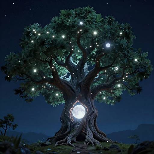 Digital artwork of a mystical tree with glowing white orbs, a luminous moonhole at its base, set against a starry night sky.