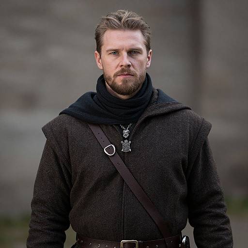 Photograph of a serious, bearded man with light brown hair, wearing a black woolen cloak, dark scarf, and leather strap, set against