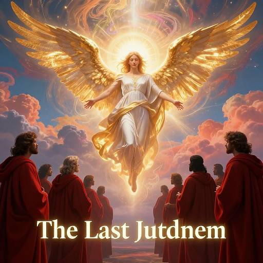 Digital art of a radiant, golden-winged angel in white robe descending amidst clouds, surrounded by silhouetted figures in red, with text 