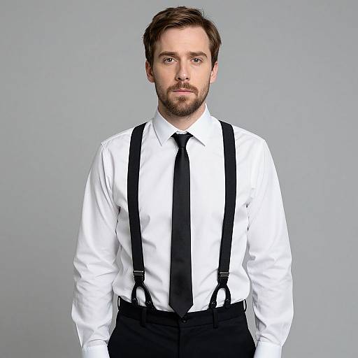 Photograph of a bearded Caucasian man with short brown hair, wearing a white shirt, black tie, and black suspenders against a plain gray background