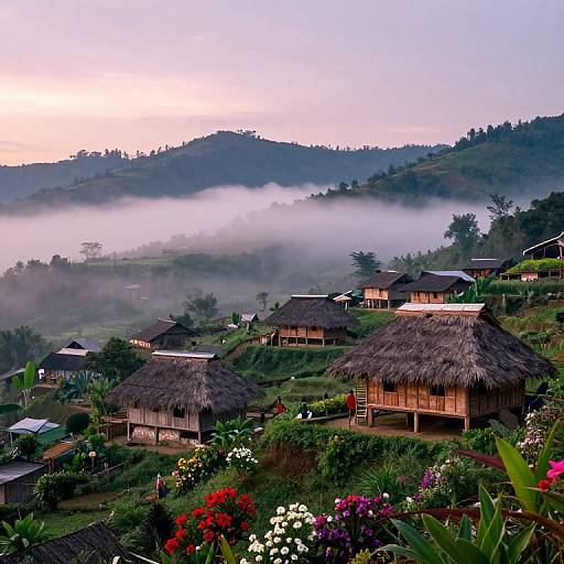 Photograph of a misty rural village at dawn with thatched-roof wooden houses, lush green hills, and vibrant flowers in the foreground.