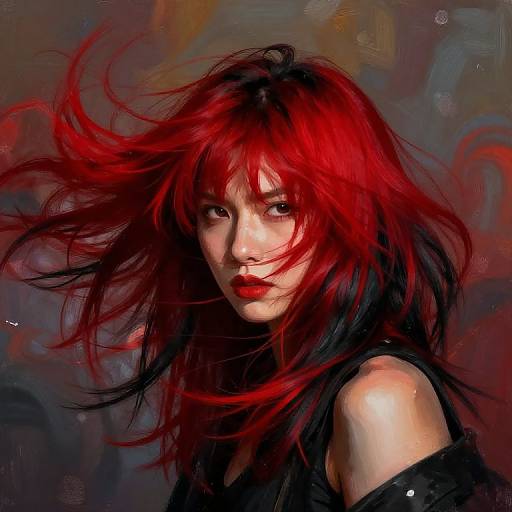 Digital painting of a young woman with vivid red and black hair, intense gaze, and dark clothing, set against a swirling, abstract background.